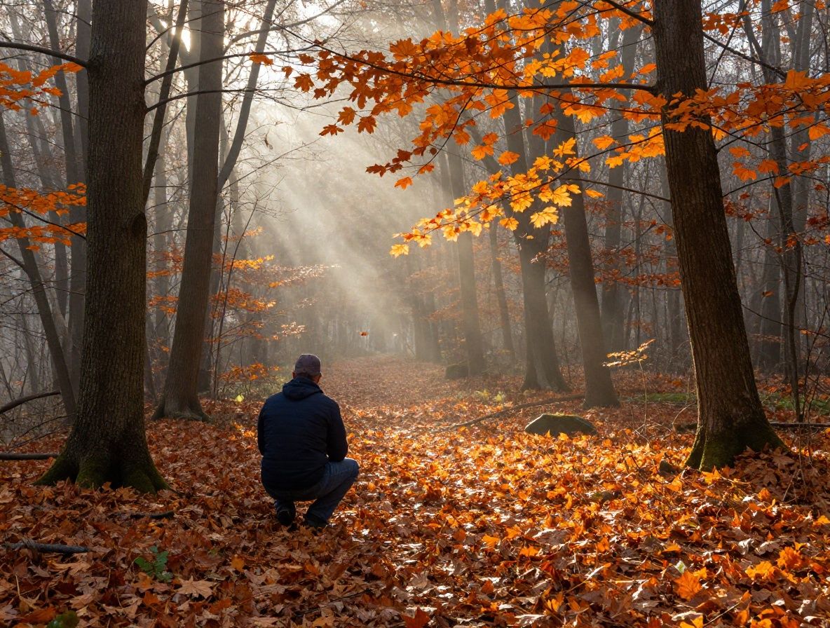 Sentier forestier en automne avec des feuilles orangees et dorees tombant autour, lumiere matinale filtrant a travers les branches creant des rayons de lumiere cinematographiques dans la brume matinale