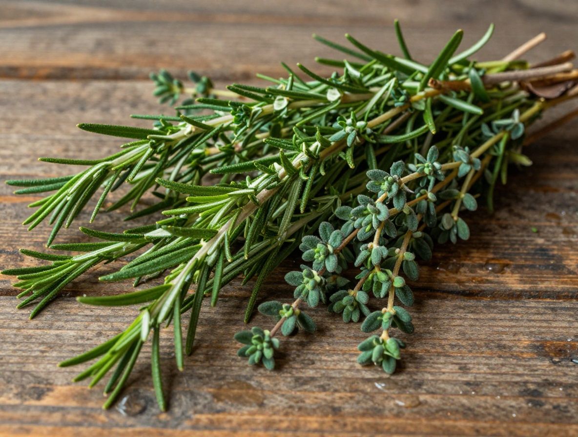 Herbes aromatiques fraiches comme le romarin, la sauge et le thym disposes sur une planche en bois sombre, avec des gouttelettes d eau et un eclairage lateral chaud mettant en valeur les textures vegetales