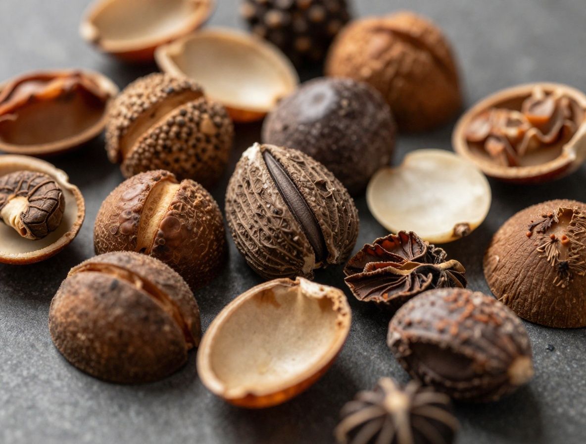 Macro-photographie de graines, noix et baies colorees disposees sur une ardoise sombre, mettant en valeur leurs textures et couleurs naturelles avec un eclairage dramatique chaud