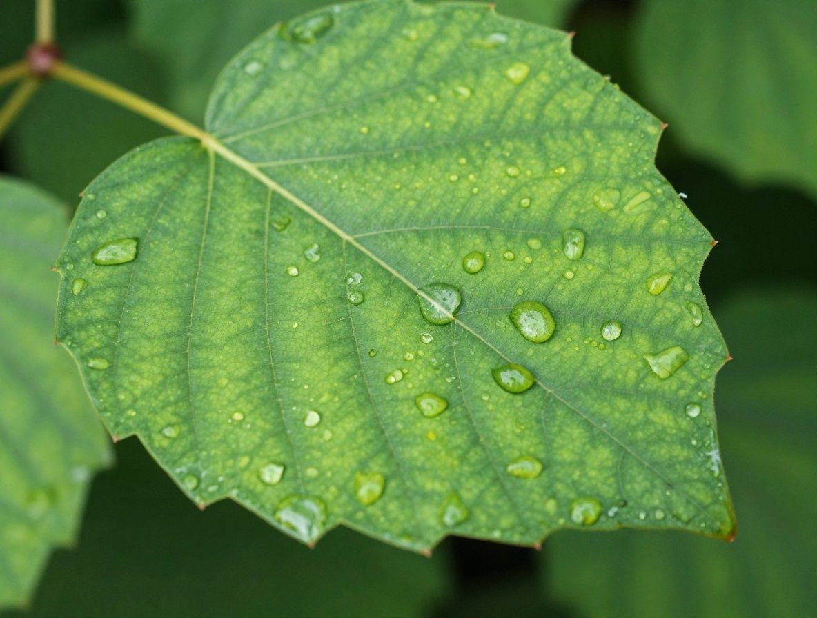 Macro-photographie de texture de feuilles vertes et de gouttelettes d eau sur une surface naturelle, avec une lumiere douce defocalisee evoquant la purete et la fraicheur naturelle
