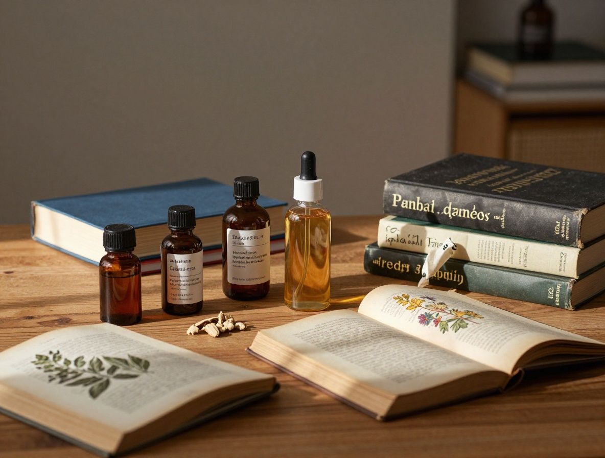 Plantes aromatiques sechees et herbes medicinales disposees sur une table en bois avec des livres anciens en arriere-plan, lumiere naturelle laterale creant des ombres douces et evoquant la recherche scientifique
